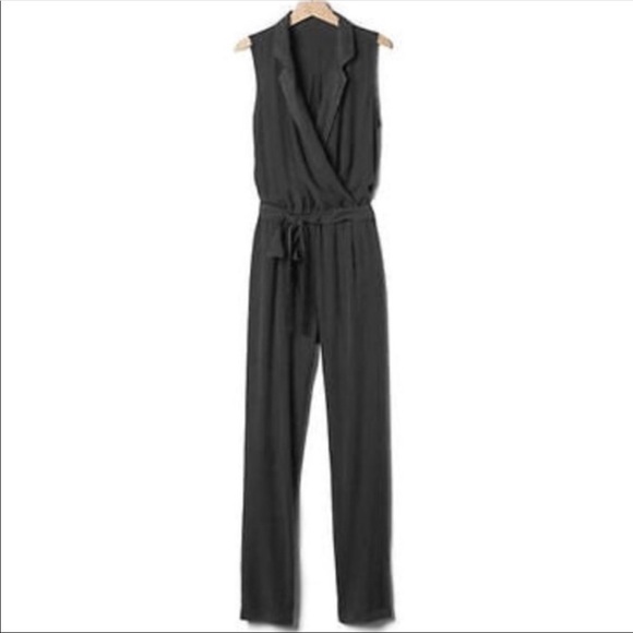 Gap Charcoal Black Jumpsuit Soft High Neck Collared Sleeveless Tie Waist Linen - Picture 1 of 2